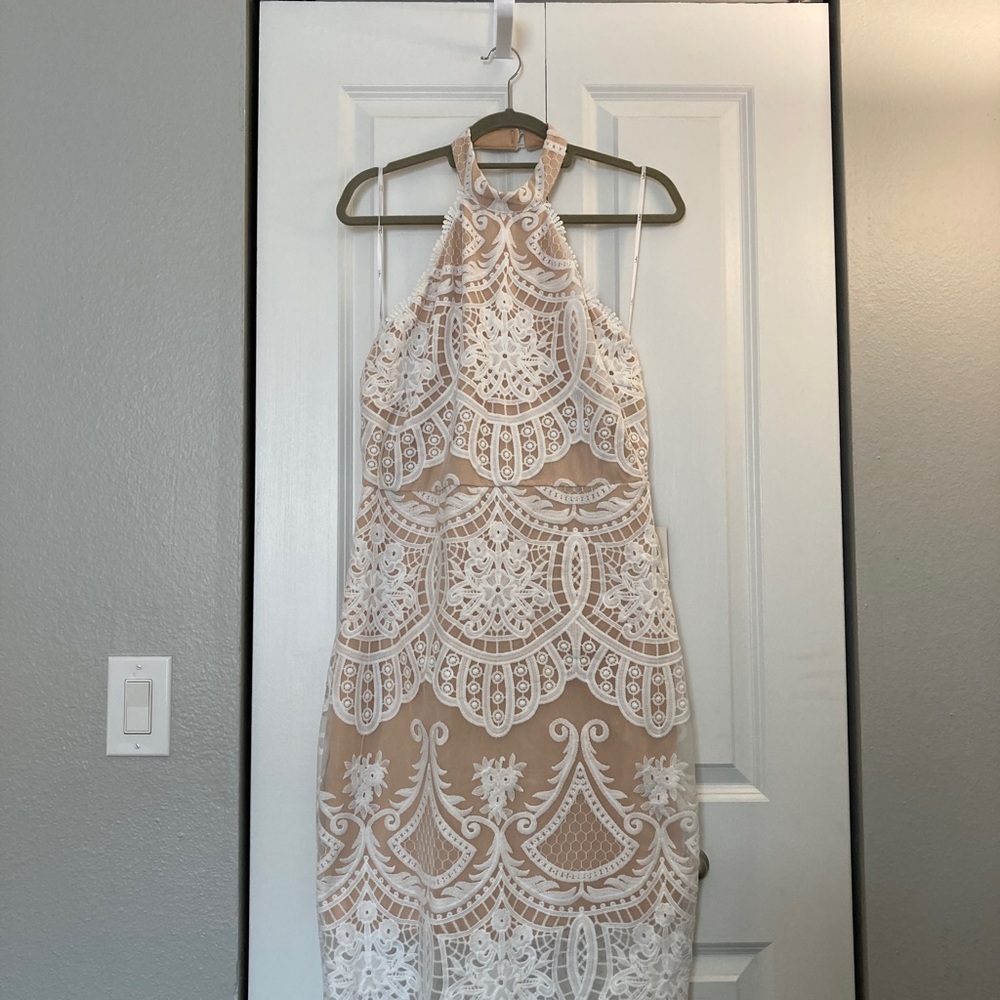 Lulus white lace midi halter dress